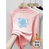 Ropa interior térmica de forro polar para niñas, cuello medio alto, estampado de dibujos animados, capa interior cálida, top de forro polar cepillado para niños, ropa para niños, manga larga