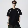 Camiseta Cinza com Design Patchwork Desconstruído de Manga Curta para Homem, Estilo Verão, Top Regular Americano Resistente com Ombro Normal