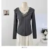 Cardigan Tricotado Puro Desejo Estilo Renda Franzida Patchwork Decote V Manga Longa para Mulheres Inverno Camisa Base de Botão Único Top para Mulheres