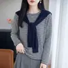 Suéter de Punto Casual a Rayas Color Block con Cuello Redondo para Mujer, Nuevo Estilo Coreano Otoño 2026 con Bufanda, Top Holgado de Manga Larga
