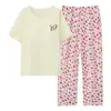 Pijama de verano para mujer con copas en el pecho, tejido de algodón puro, manga corta, pantalón largo, ropa de casa, estilo fino, se puede usar afuera en verano, conjunto 100% algodón