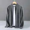 Chaqueta de punto 100% lana pura para hombre, con patrón de espiga de trigo, estilo business-casual, cuello alto, cremallera y corte holgado y versátil