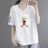 Comércio Exterior Transfronteiriço Roupas de Verão para Mães Estampadas Decote V Solto Tamanho Grande Casual Elegante Camiseta Feminina para Mulheres de Meia-Idade