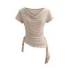 Camiseta Plissada de Manga Curta com Gola Rolê, Design Assimétrico, Cintura com Cordão, Emagrecedora, Top Curto Estiloso para o Verão