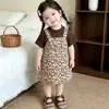 Conjunto de Vestido Estiloso com Estampa de Leopardo para Bebês e Crianças Pequenas, Conjunto de Roupa de Verão com Top de Manga Curta de Cor Pura e Vestido Doce com Alças para Bebês Meninas
