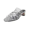 Sandalias tipo mule de malla para mujer, nuevo estilo de verano, punta cuadrada, charol, tira fina, tacón medio grueso, sandalias de mujer de moda
