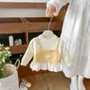 Bebé Otoño Nueva Llegada Falso Dos Piezas Encaje Floral Cuello Redondo Tejido para Bebés Niñas Lindo Elegante Top Suéter