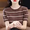 Verão Novo Tricô Feminino Gola Redonda Algodão Pulôver Manga Curta Estilo Algodão Camisetas Tops Jaquetas Femininas Atacado