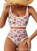 Traje de bikini cruzado europeo y americano para mujer 2025 Estampado de flores Costura de bloqueo Traje de baño de 2 piezas Cintura alta Cuello redondo bajo Nadar