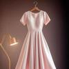 Vestido de Citas de Estilo de Pesca Exquisito de Alta Gama Estilo Francés Elegante Chic Rosa Satén Manga Corta Cintura Vestido Otoño de Mujer