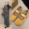Sapatos Femininos Rasos de Camurça Retrô, Nova Versão Coreana para o Outono de 2025, Sapatos Mary Jane Planos Macios Estilo Fada Gentil