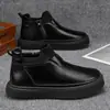 Botas de Cuero Negras de Caña Alta Estilo Sencillo Pierna Recta Slip-on Casual Cómodas Suela Suave Versátiles Modernas Ropa de Trabajo Viaje Hombres