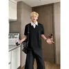 Moletom falso de duas peças com gola listrada para homens, pulôver de outono, preto, curto, quadrado, estilo universitário, legal, blusa de manga comprida