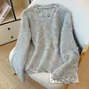 Adelgazante Otoño e Invierno Nuevo Diseño Suave y Esponjoso Color Leche Fufu Bloque de Color Dulce Suéter Cuello Redondo Jersey de Punto para Mujer