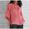 Camisa Top de Manga Tres Cuartos con Cuello Redondo de Algodón y Lino para Mujer, Nuevo Exportación Eaby Amazon