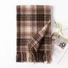 Cachecol xadrez quente de cashmere sintético à pronta entrega, unissex com franjas, xale xadrez para aquecer o pescoço outono e inverno, moda japonesa e coreana