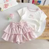 Traje de Verano Dulce con Lazo para Niña, Manga Corta, Camiseta de Lunares para Bebé, Falda de Pastel de Doble Capa, Elegante Conjunto de Dos Piezas 3