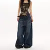Jeans de Pierna Ancha Lavados Estilo Americano Retro Azul Bigoteados para Hombres y Mujeres, Pantalones Casuales Sueltos y Adelgazantes de Moda