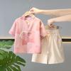 Roupas de Verão Estilo Chinês para Bebê de Um Ano 2025 Novo Estilo Estilo Menino Cardigã Camisa Botões Manga Curta Conjunto de Duas Peças Tendência