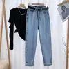 [Calça de veludo/simples] jeans de cintura alta estilo pai feminino outono e inverno slim all-match solto Harlan calça cenoura