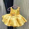 Vestido de Cetim com Flor Tridimensional e Alças para Meninas, Vestido Princesa Bufante para a Primeira Festa de Aniversário e Apresentação de Bebê, Atacado
