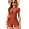 Traje de Banho Novo Estilo Europeu e Americano para Mulheres, Comércio Exterior Transfronteiriço 2026, Moda Cor Sólida com Zíper Peça Única Manga Curta para Esportes na Praia
