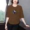 Comercio Exterior Transfronterizo~Camiseta Estampada de Manga Tres Cuartos Elegante de Gama Alta para Mujer, Corte Holgado, Adelgazante, Oculta el Vientre, Versátil, Top Rejuvenecedor para Mujeres de Mediana Edad