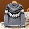 Nuevos estilos de otoño e invierno para hombres, mujeres y niños: Suéter 100% lana pura con patrón Fair Isle, capa interior de manga larga engrosada