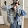 Elegante abrigo tipo suéter con capucha y cremallera de longitud media, a rayas, de corte holgado, estilo coreano, para mujer, perfecto para otoño e invierno, con un ambiente casual y relajado