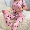 2026 Aliexpress Novo Conjunto Feminino com Estampa de Coração, Blusa de Manga Curta e Calça Longa, Roupa de Dormir, Pijama, Simples, Casual