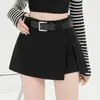 Foto Real de uma Saia Cinza de Alta Qualidade Estilo Terno com Fenda para Mulheres, Nova Saia Curta de Lã de Cintura Alta para Outono e Inverno com Shorts Antiexposição