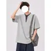 Camiseta Masculina Simples Estilo Americano Falsa Duas Peças Patchwork Xadrez Manga Curta, Nova Versátil de Verão High-Street Solta Meia Manga