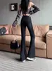 Calça Jeans Flare de Cintura Alta Slim-Fit Preta Estilo Americano para Mulheres, Primavera 2026, Forrada com Lã, Elástica, Comprimento Total Bootcut