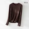 Top de capa base de cachemira tipo mousse para mujer, nuevo estilo otoño/invierno, capa interior fina, color liso, cuello redondo, top de punto, top suave y cómodo de manga larga para mujer