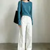 Malha azul lago! Blusa de malha solta de algodão seda lyocell com bainha enrolada, manga longa, para outono precoce, feminina