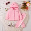 Cardigan com Capuz e Orelhas 3D para Bebê Menina com Jaqueta Estampada de Gatinho + Calça Branca com Listra Lateral e Conjunto Casual de Duas Peças para Bebê Menina