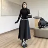 Falda de lana gris oscuro para mujer, falda midi de línea A de cintura alta, minimalista, para otoño e invierno, engrosada y cálida, con un dobladillo grande de falda tipo paraguas