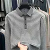 Camiseta de Manga Comprida Masculina Outono Novo Estilo Meia-idade Casual Versátil Listrada Amiga da Pele Gola Polo Camiseta Básica
