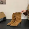 Botines Retro de Estilo Coreano para Mujer, con Punta Fina, Tacón de Aguja y Fruncidos en el Tobillo, Nueva Colección Otoño/Invierno, Botines Cortos de Ante con Tacón Alto, Botas de Ajuste Delgado