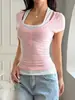 Camiseta de Manga Corta Cuadrada Falsa de Dos Piezas para Mujer, Top de Nicho Ajustado, Camiseta Básica, Estilo Europeo y Americano, Camiseta Ajustada