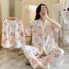 Pijama nuevo 2024 mujer verano manga corta pantalones cortos pantalón traje de tres piezas estilo celebridad de internet ins dulce lindo damas hogar