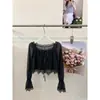Ruoxin, obrigado. Blusa curta babydoll feminina de outono, delicada, com acabamento em renda, gola quadrada, mangas longas em formato de sino e tecido de chiffon