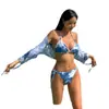 Bikini de Cuatro Piezas Estilo Renderizado Triángulo Sexy Estilo Puro Deseo Ajustado Manga Larga Hilo Exterior Bikini con Abertura Traje de Baño para Mujer