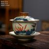 Tazón de tres tapas pintado a mano Geyao, taza para tostadas flotante, color azul y verde bajo vidriado, juego de té kung fu, se puede levantar, se puede abrir para hacer taza de té