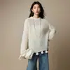 Elegante Suéter 100% Lã com Padrão de Crochê Vazado, Cardigã Feminino Semi-Transparente para Início de Outono, Novo Top Feminino 2026
