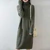 Novo Vestido Longo de Gola Alta 100% Lã Estilo Preguiçoso Outono/Inverno para Mulheres, Caimento Solto, Suéter de Cashmere Acima do Joelho