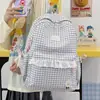 Mochila Estilo Suave Cuadros Azules Sal Marina Borde de Encaje Japonés Mochila Escolar Primaria para Niñas para Ir a la Escuela