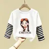 Nova Camiseta de Algodão Puro Patchwork com Gola Redonda e Manga Longa para Crianças, Estilo Fino, Primavera e Outono 2026, Meninas, Desenho Animado, Top Versátil