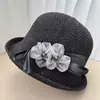 Chapéu de Sol de Palha Tecido Estilo Coreano de Verão para Mulheres, Aba Pequena, Borda Enrolada, Decoração de Flor, Chapéu de Palha com Proteção Solar, Estilo Fashion, Elegante, Versátil