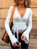 Camiseta de Manga Larga de Color Sólido Ajustada con Cuello en V Profundo Estilo Callejero Europeo y Americano para Mujer Verano 2026 Nuevo Top para el Trabajo